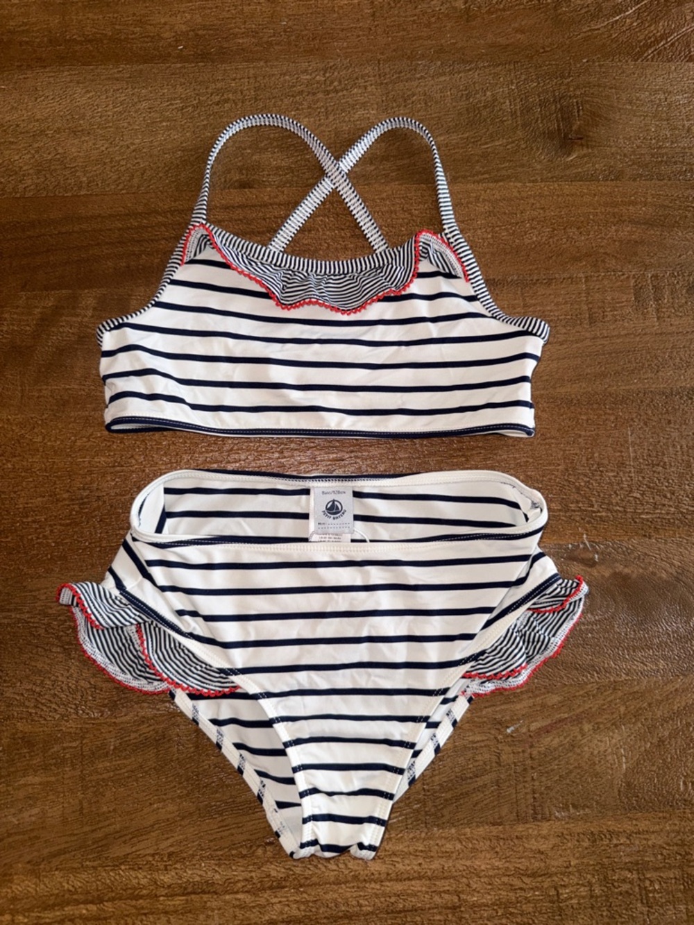 Petit Bateau Navy and White Striped Top with Sail Logo
